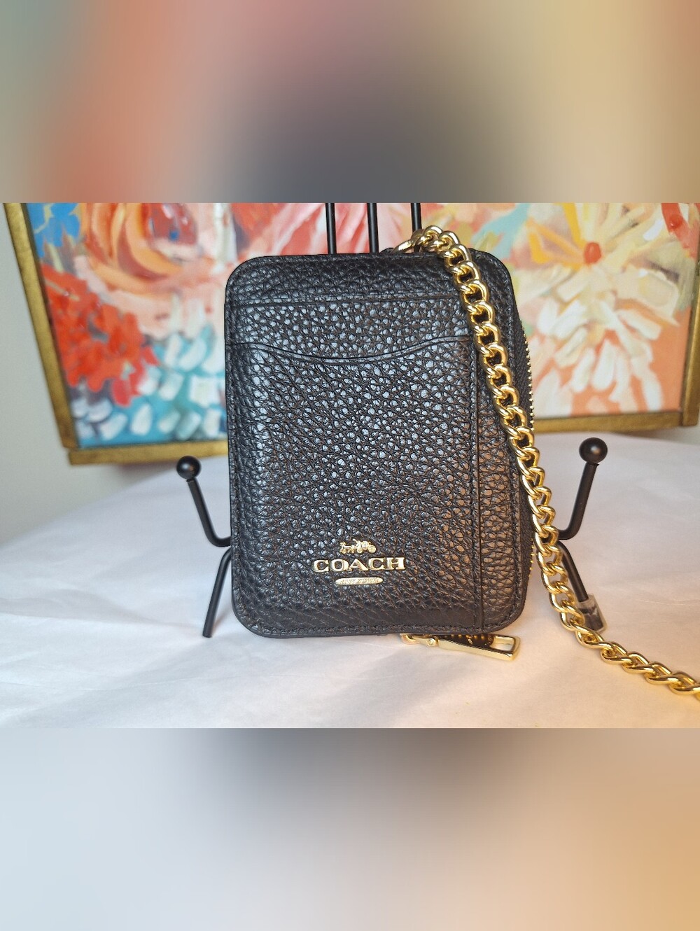 COACH Zip Around Card Case Wallet Black Pebble Leather Chain ID Window 6303 EUC